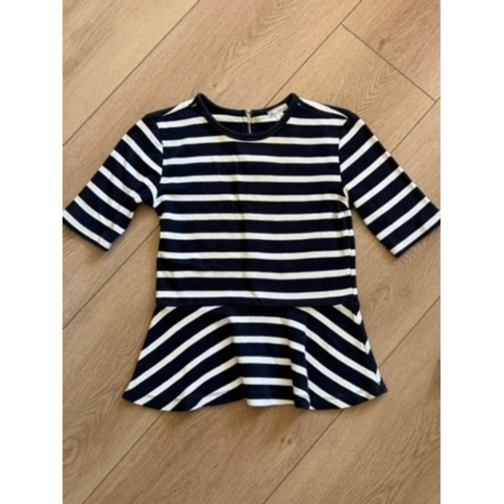 Gap Navy Blue White Striped Peplum Top Elbow Sleeve Back Zip XS